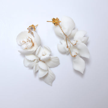 Swarovski Charming Porcelain Ceramic White Flower Pearl and Leaves Earring Sparkling Crystal Bridal Earrings Statement Earrings Cz